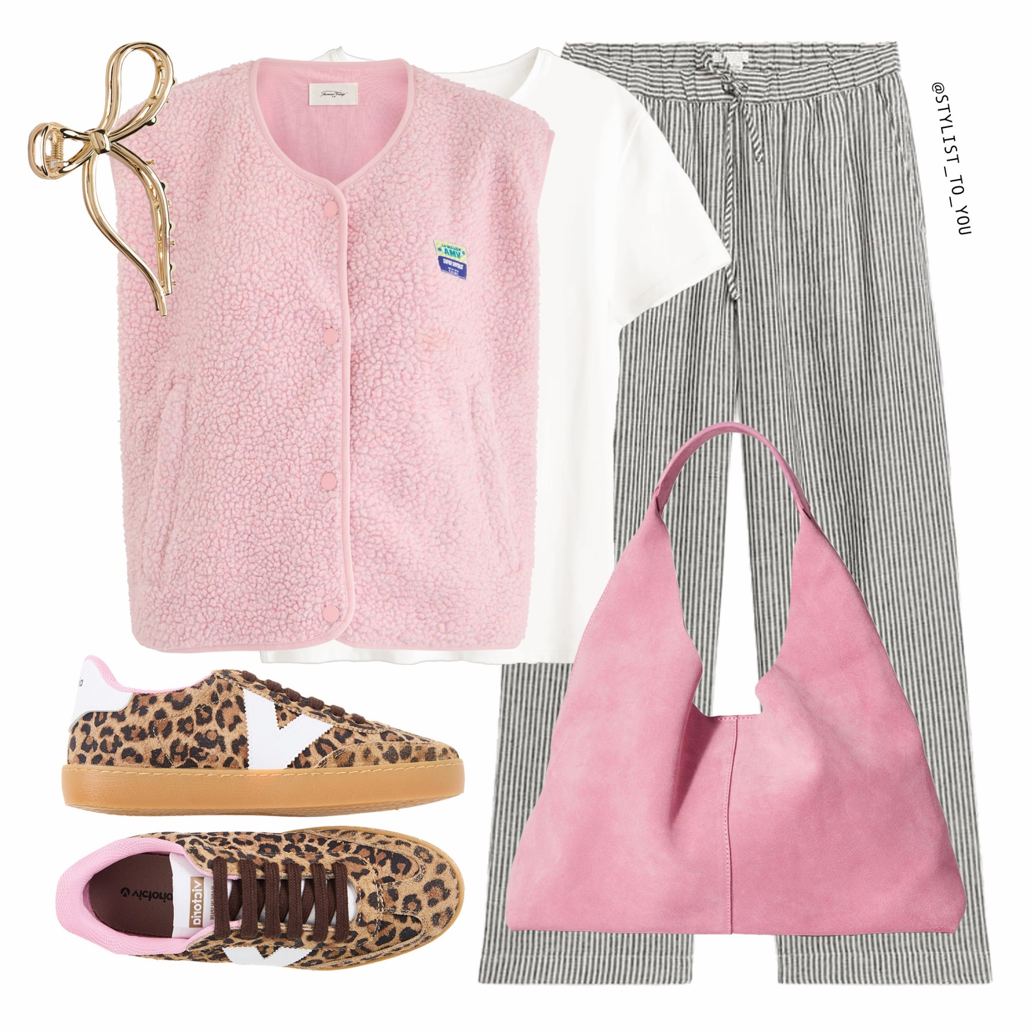 How to style pink 🩷🎀

A fun and modern layering look featuring a pink fleece vest gilet, a white T-shirt, striped drawstring pyjama pants, leopard print trainers sneakers with pink lining, a soft pink suede tote bag, and a gold bow-shaped hair clip. Cool outfit, borg gilet, pink vest, sherpa vest, casual wear, relaxed style, comfy fashion, white T-shirt, striped pants, drawstring waist, soft textures, neutral tones, pink aesthetic, everyday style, streetwear, effortless chic, playful fashion, animal print sneakers trainers, statement shoes, Veja sneakers, pink accents, tote bag, suede handbag, pastel fashion, modern vibes, mix-and-match, stylish comfort, laid-back look, weekend outfit, trendy ensemble, cute outfit, warm layers, fashion must-haves, wardrobe staples, transitional dressing, seasonal style, accessorizing, subtle details, fun textures, outfit inspiration.

#LTKuk #LTKstyletip #LTKluxury