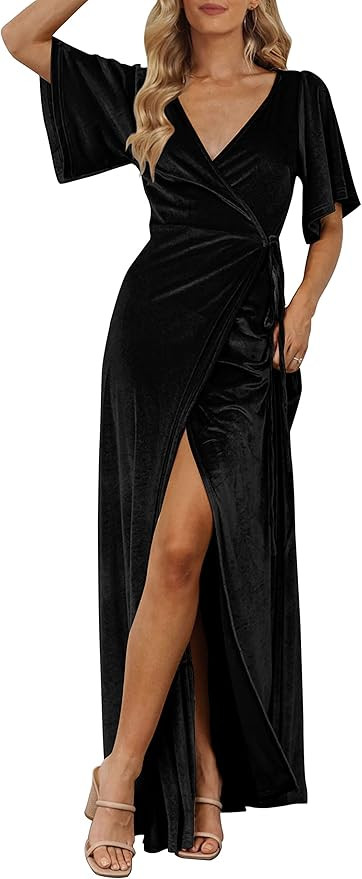 MEROKEETY Women's V Neck Wrap Velvet Maxi Dress Bell Sleeve Split Bridesmaid Cocktail Party Dress... | Amazon (US)