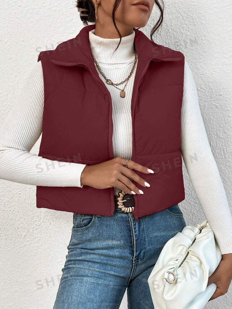 SHEIN Frenchy Women's Down Quilted Collared Sleeveless Jacket, Winter,Women's Sleeveless Zip-Up C... | SHEIN