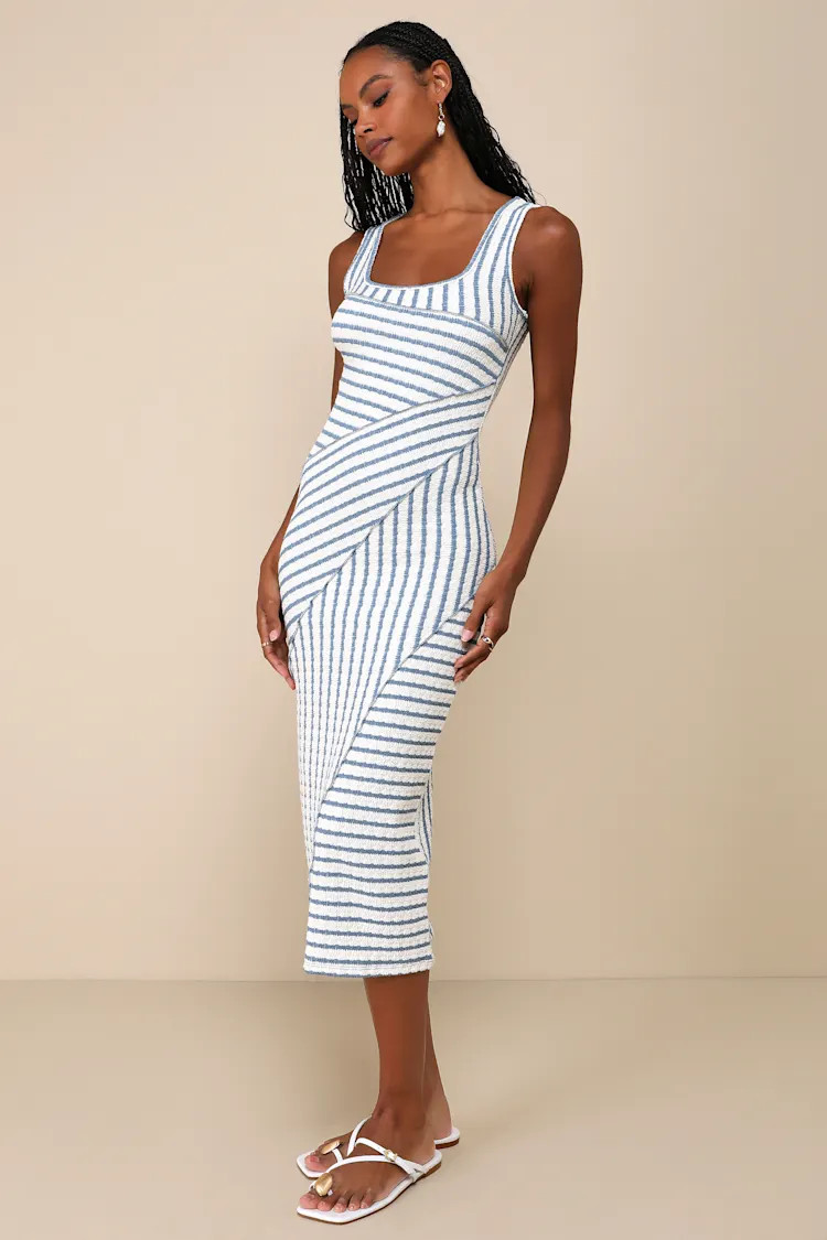 Constantly Trendy Blue Striped Crinkle Bodycon Midi Dress | Lulus
