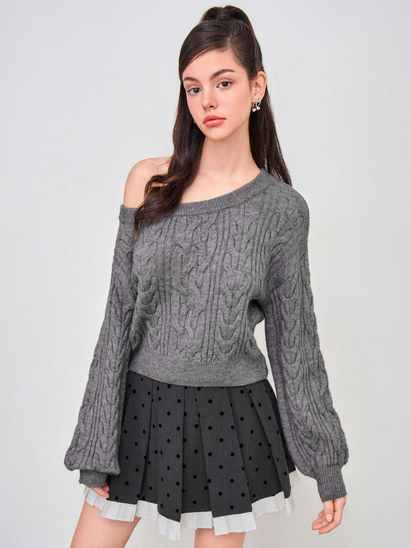 Knit Fabric Cable Knit Asymmetrical Neck Oversized Long Sleeve Top For Daily Casual | Cider