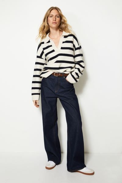 Fine-knit Collared Sweater - Light beige/striped - Ladies | H&M US | H&M (US + CA)