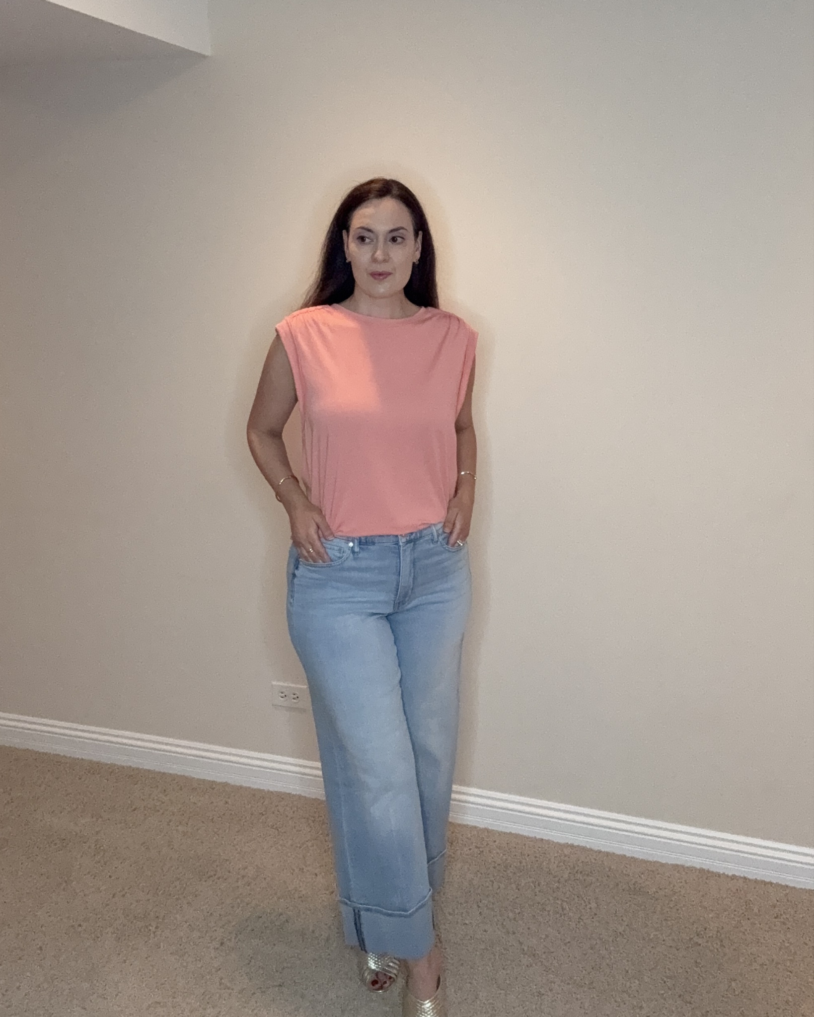 Saturday Style - this tee shirt also comes in black and white. I’m wearing the small in the top. These are my new favorite summer jeans and I love that they are cropped - looks cute with a heeled mule sandal  