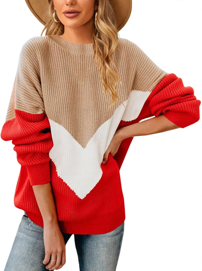 Saodimallsu Womens Oversized Batwing Sleeve Sweaters Chevron Color Block Slouchy Loose Knit Pullo... | Amazon (US)