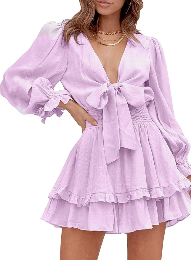 Itsmode Swiss Dot V Neck Mini Dresses for Women Summer Casual Loose Ruffle Short Dresses | Amazon (US)