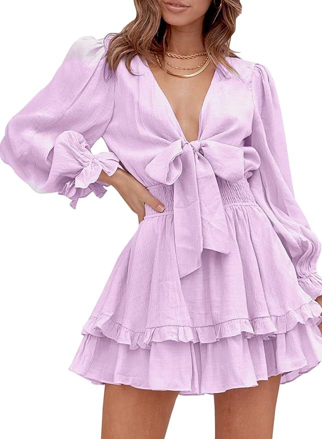 Itsmode Swiss Dot V Neck Mini Dresses for Women Summer Casual Loose Ruffle Short Dresses | Amazon (US)