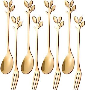 AnSaw 8 Pcs 4.7"Small Leaf Handle Coffee Spoons & Dessert Forks (Gold, 4+4) | Amazon (US)