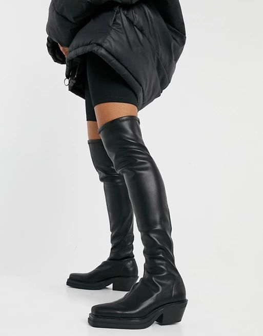 Pull&Bear pull on stretch high leg boots in black | ASOS (Global)