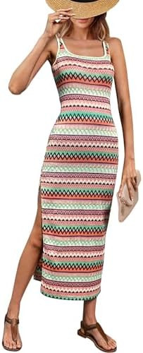 PRETTYGARDEN Tank Dress for Women 2026 Summer Casual Striped Maxi Dresses Fitted Square Neck Beac... | Amazon (US)