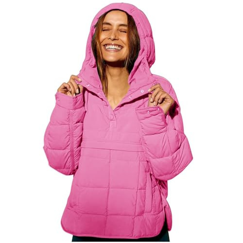 Women's Quilted Pullover Puffer Jacket Lightweight Button Long Sleeve Coat Oversized Packable Hooded Jacket Top Pink | Amazon (US)