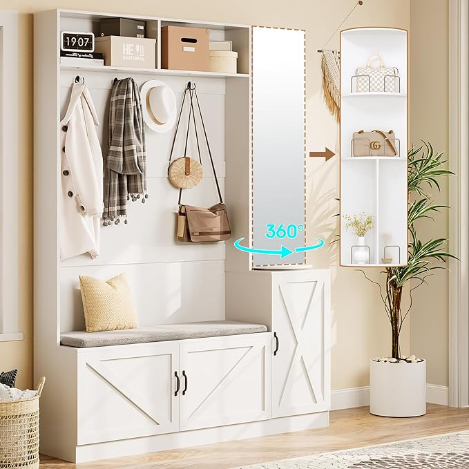 Fameill 79" Hall Tree with Bench and Shoe Storage, Tall Coat Rack with Mirror and Hidden Storage ... | Amazon (US)