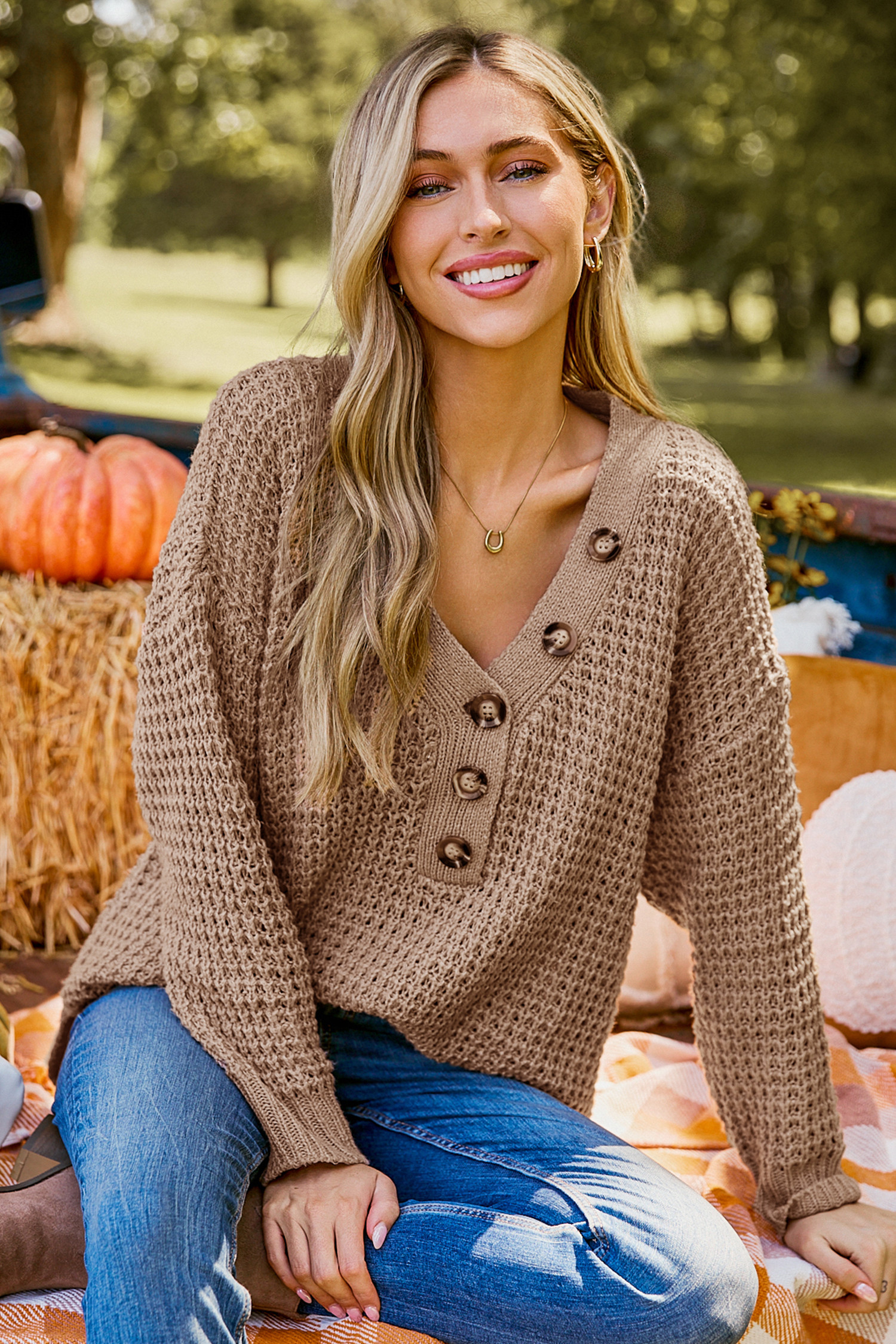Light Brown V-Neck Long Sleeve Henley Sweater | Cupshe US