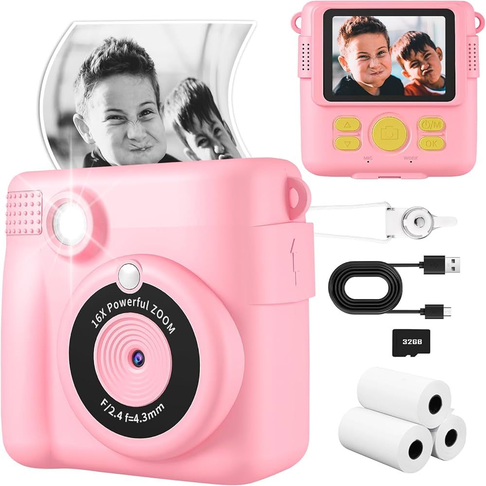 Kids Camera, Instant Print Camera 2.4 Inch Screen 1080P Digital Camera with 16X Digital Zoom, 32G... | Amazon (US)
