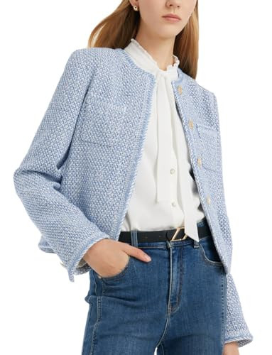 GOELIA Tweed Blazers for Women Work Business Casual Knit Blazer Cropped Blue Lightweight Suit Jackets Spring Womens Tweed Jacket Sequin Blazer Single-Breasted Round Neck Blazers | Amazon (US)