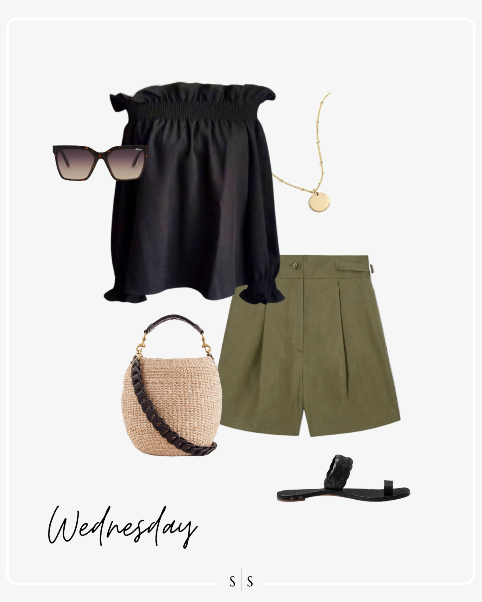 Style Guide of the Week | off shoulder blouse, olive linen short, black sandal, pot basket Clare V, sunglasses, pendant jewelry 

Early Summer outfits, timeless style, outfit ideas, warm weather style, Summer outfits, closet basics, casual style, chic style, everyday outfit. See all details on thesarahstories.com ✨

#LTKFind #LTKstyletip
