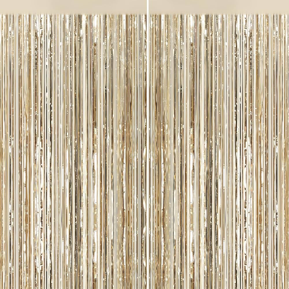 2Pack Champagne Gold Foil Fringe Backdrop Curtains, Tinsel Door Streamers, Fringe Backdrop for Gr... | Amazon (US)