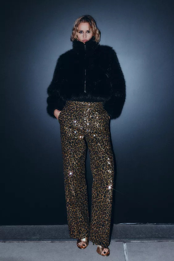 ANIMAL PRINT SEQUIN STRAIGHT LEG PANTS | Zara US
