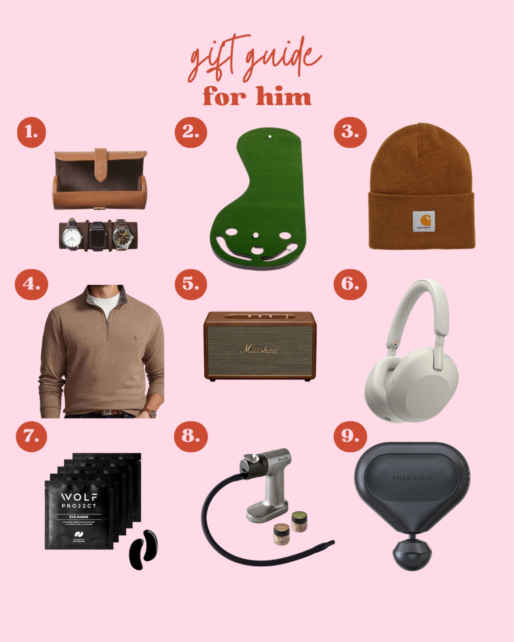 Gift guide for him, watch travel case, putting green, beanie, carhartt, quarter zip, Bluetooth speaker, headphones, eye masks, smoker, theragun 

#LTKSeasonal #LTKHoliday #LTKGiftGuide