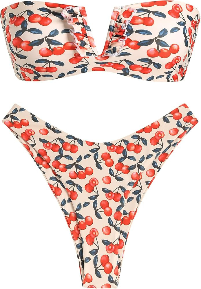 ZAFUL Women's Strapless Ribbed V Wired Lace Up Ruffle Tie High Cut Bandeau Swimsuits Bikini Set | Amazon (US)