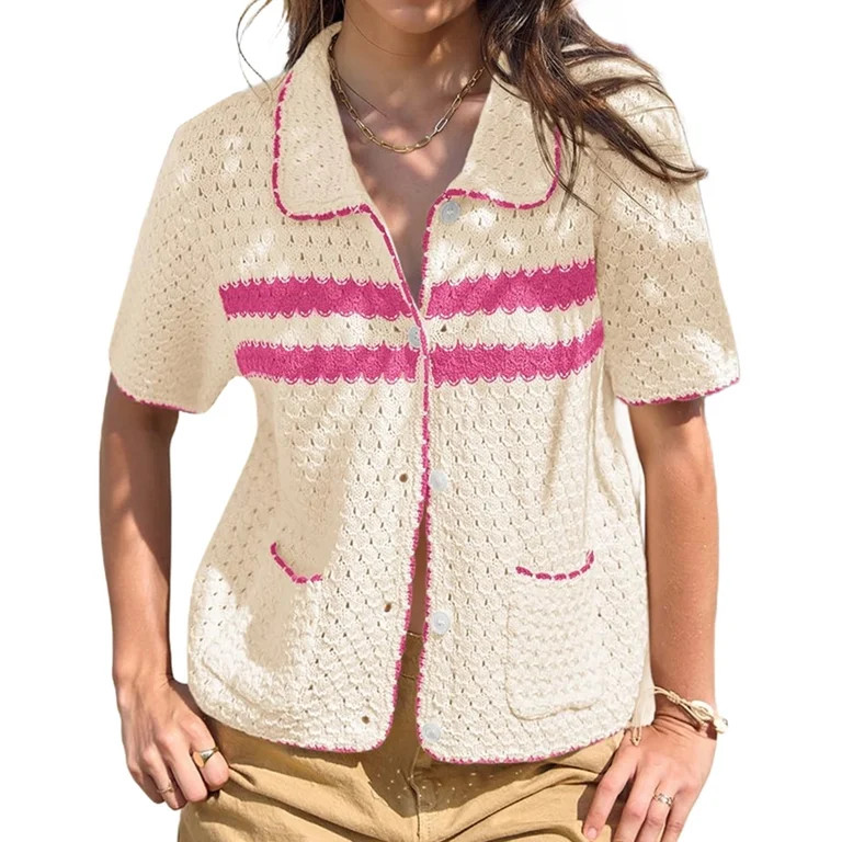 Womens Striped Short Sleeve Sweater Casual Knitted Button Down Crochet Cardigan Vintage Y2k Hollo... | Walmart (US)
