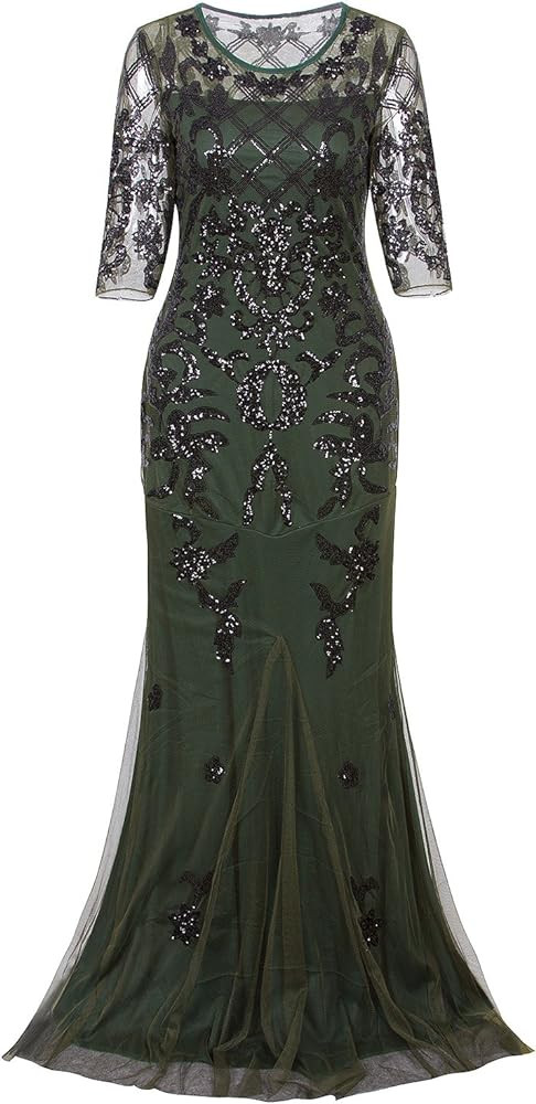 Vijiv Vintage 1920s Long Wedding Prom Dresses 2/3 Sleeve Sequin Party Evening Gown | Amazon (US)
