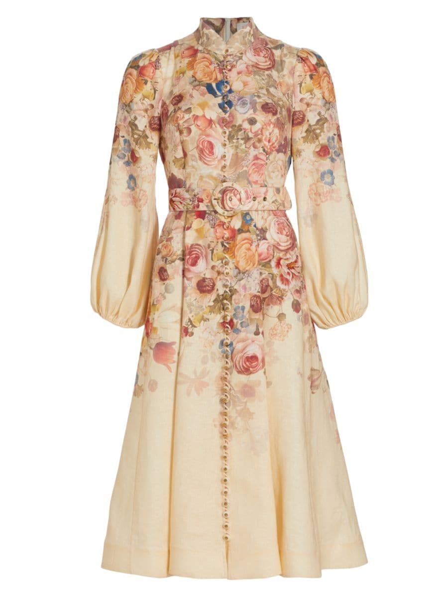 Luminosity Belted Floral Linen Midi-Dress | Saks Fifth Avenue