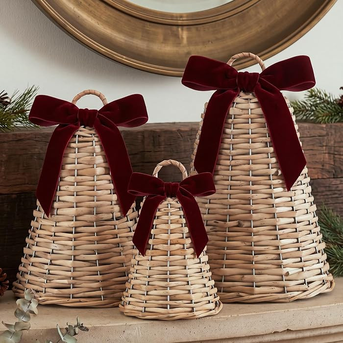 3 Sets Large Wicker Rattan Christmas Bells with Velvet Bows 11.8/9.8/5.9 in | Amazon (US)