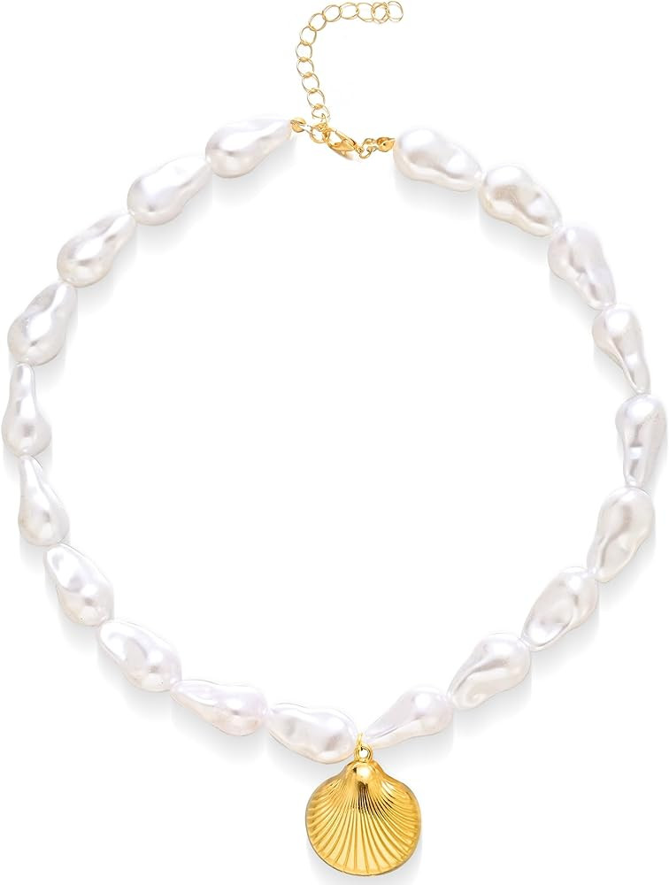 Gold Starfish Necklace for Women Chunky Baroque Pearl Shell Pendant Necklace Big Pearl Seashell s... | Amazon (US)