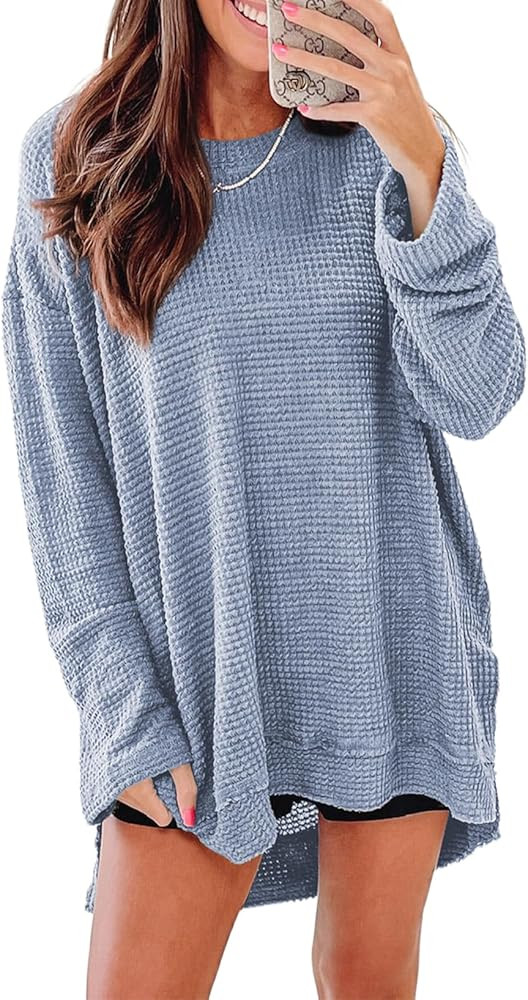 SHEWIN Long Sleeve Shirts For Women Oversized Sweatshirt Crewneck Waffle Knit Fall Tops for Women... | Amazon (US)