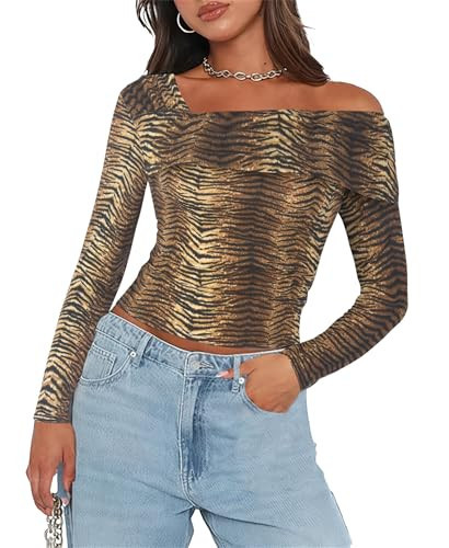 Women's Long Sleeve One Off The Shoulder Crop Top Ruched Going Out Crop Tops Slim Fit Cheetah Shirt Tiger Print S | Amazon (US)