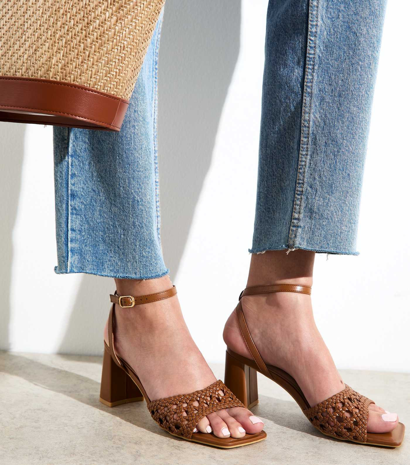 Tan Faux Leather Woven Strap Block Heel Sandals | New Look | New Look (UK)