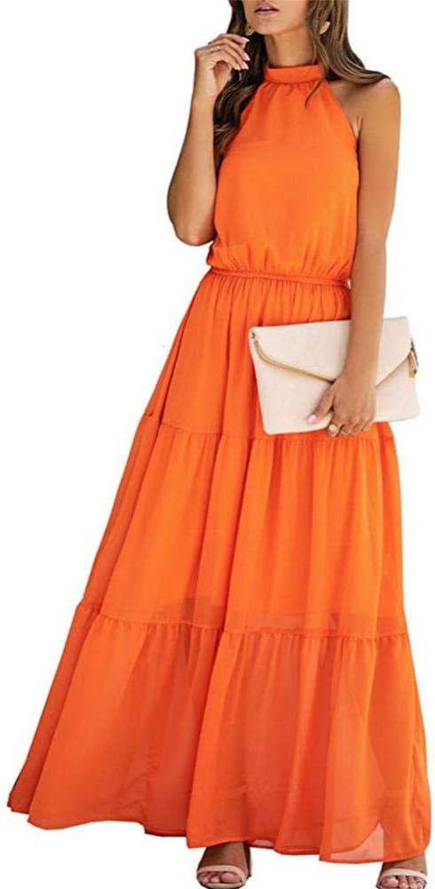 Women's Casual Backless Loose Ruffle Sundress Halter Neck Sleeveless Floral Long Maxi Dress with ... | Amazon (US)