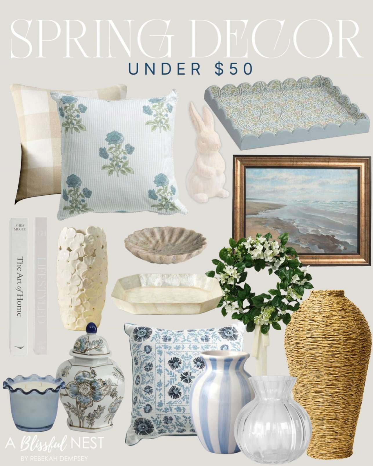 These spring decor steals under $50 make seasonal styling easy. Shop the look.

neutral floral ceramic temple jar, blue printed pillow, painted block print stripe pillow, scalloped faux leather tray, wavy jar candle, decorative books, scallop marble tray, Sawyer check pillow, floral ceramic flower vase, beach wall art, ceramic bunny, woven faux seagrass floor vase, hydrangea wreath, clear round glass vase, Capiz tray square. 

 #LTKSeasonal #LTKHome