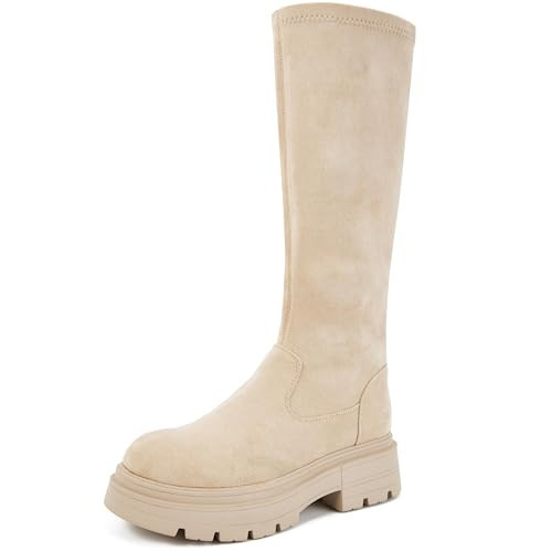Putu Platform Knee High Boots for Women Faux Suede Tall Boots Lug Sole Knee Boots Beige Size 9 | Amazon (US)