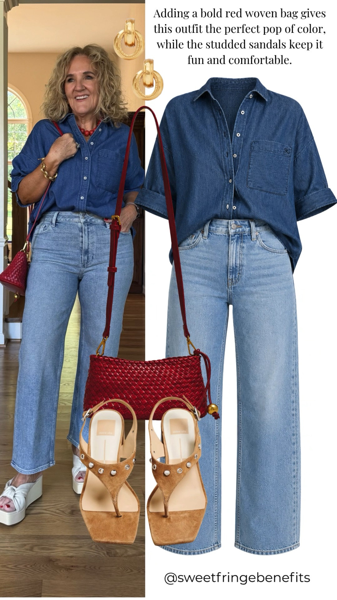 This chambray button-down paired with light-wash wide-leg jeans creates an effortlessly chic look, while the pop of red from the woven crossbody adds just the right amount of color. Finished with studded sandals, it's an outfit that's perfect for lunch, shopping, travel, or everyday wear.

💡 LTK MADE EASY
❤️ Heart = Support my posts!
🔖 Save = Get sale & restock alerts
📋 Lists = Keep favorites organized
📲 Share = Send lists and products to a friend. Hello, Christmas List!
💬 Comment = Ask me anything about what I'm wearing. :-)

#LTKootd #LTKOver40 #LTKSaleAlert