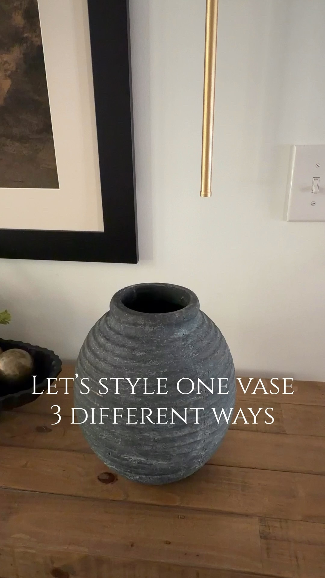 Let’s style one vase 3 different ways! I used 3 different greenery stems and I love all 3. It’s hard to pick a favorite. I love being able to change my greenery out when I want to freshen up a space!