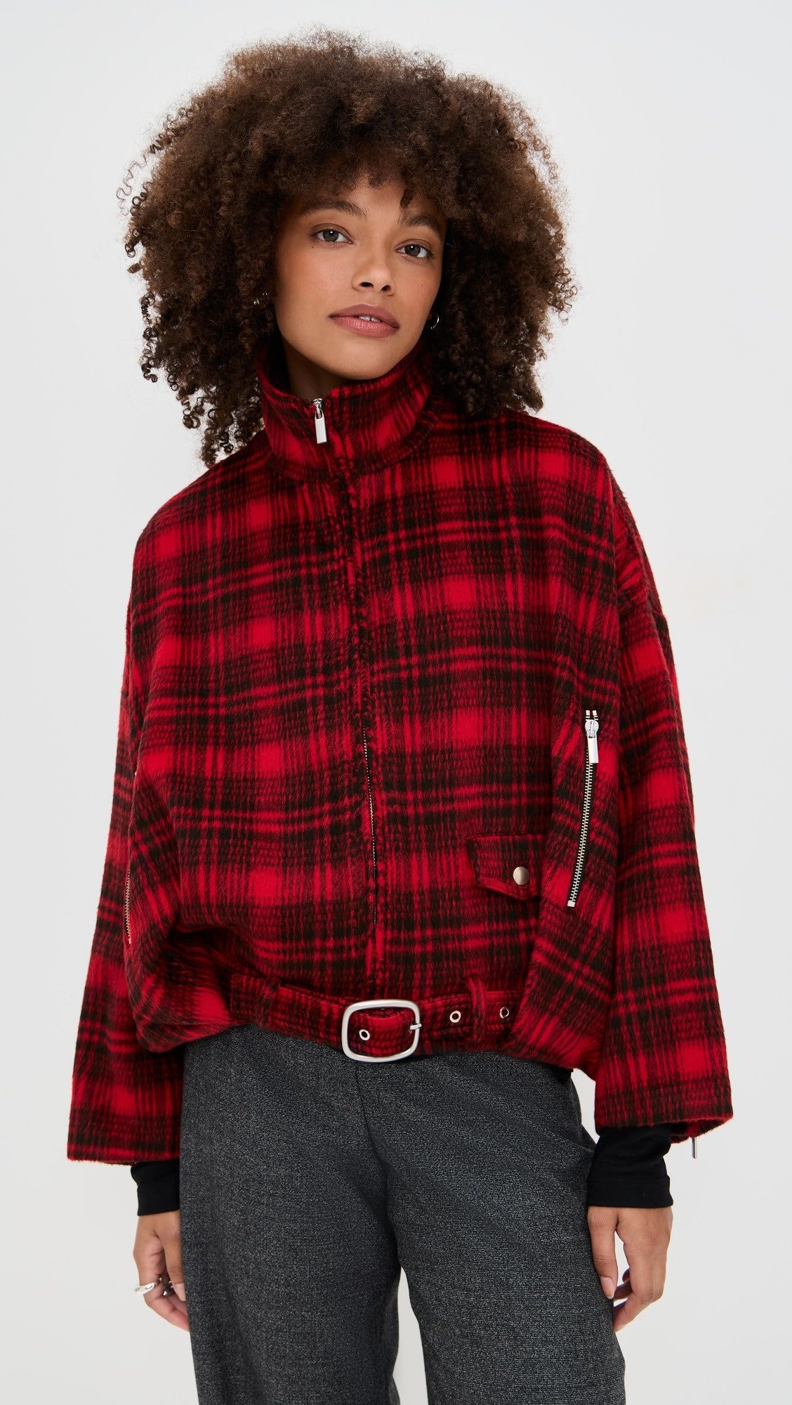 Checkered Oversized Blouson Belted Bomber | Shopbop