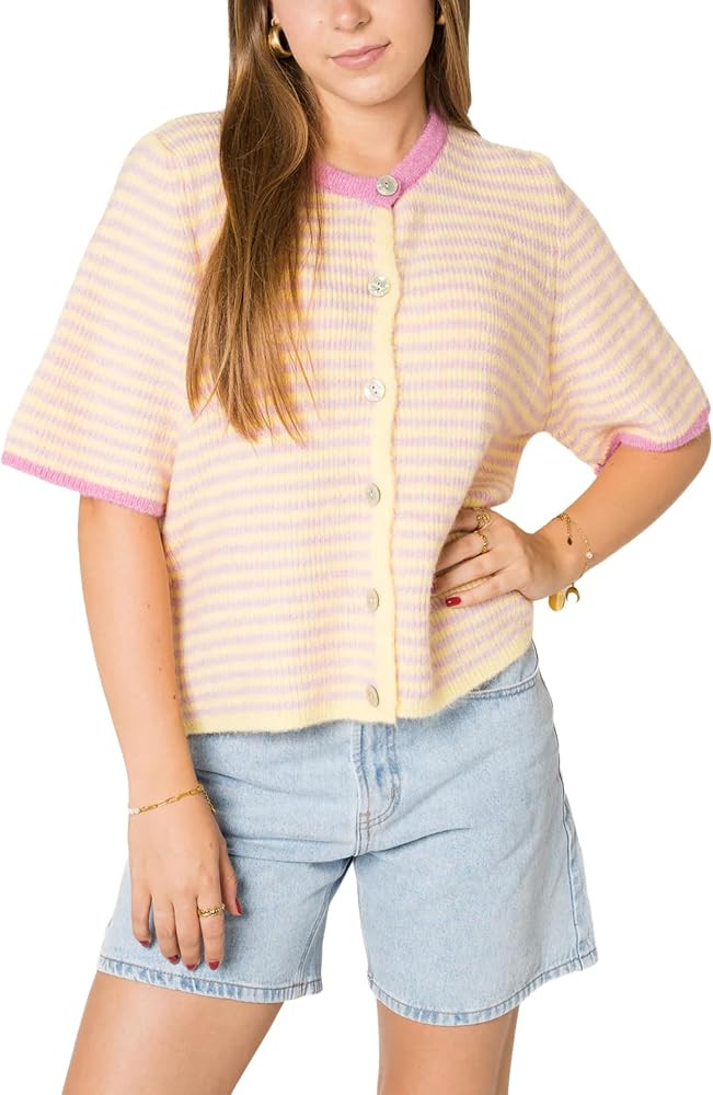 Springrain Women's Lightweight Striped Cardigan Half Sleeve Button Down Open Front Knit Sweater | Amazon (US)