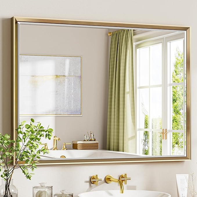 40 x 30 Gold Bathroom Mirror, Brushed Gold Beveled Bathroom Mirror, Shatterproof Large Gold Frame... | Amazon (US)