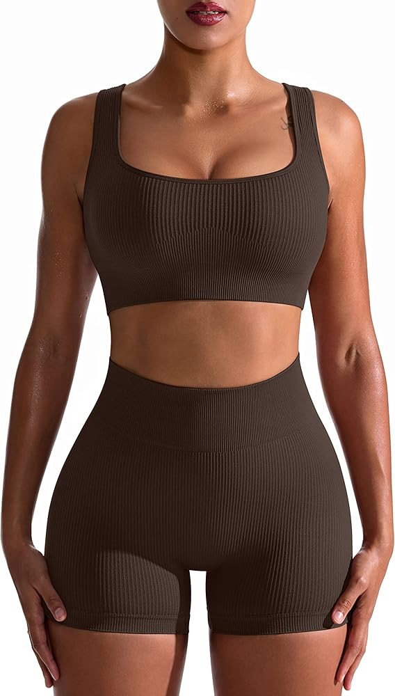 OQQ Workout Outfits for Women 2 Piece Seamless Ribbed High Waist Leggings with Sports Bra Exercis... | Amazon (US)