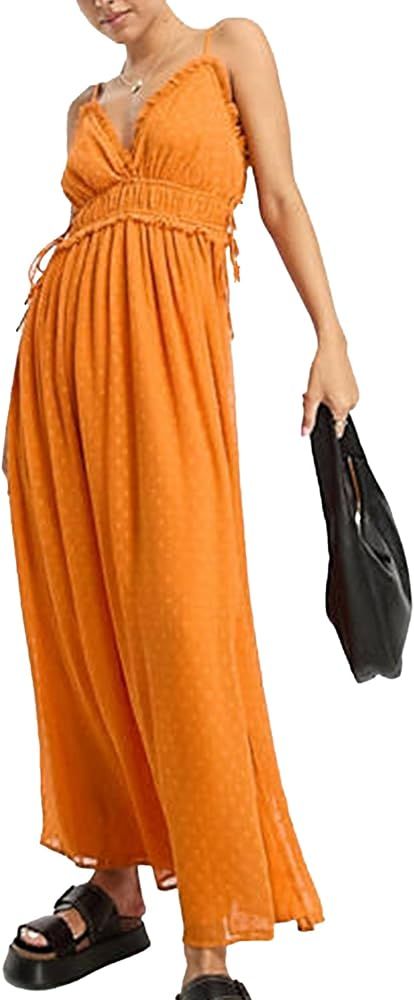 Women's Stretch Midi Dress with Straps and Ruffle Waistband in Orange | Amazon (US)