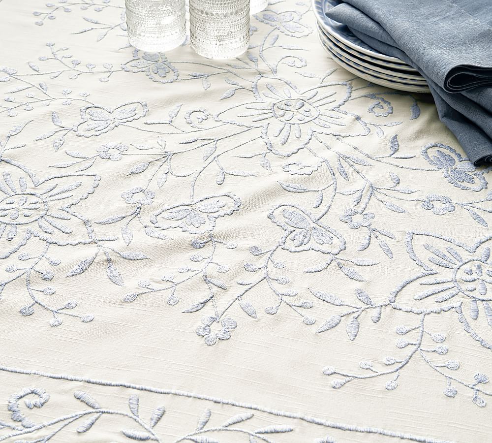 Chambray Floral Embroidered Cotton Table Throw | Pottery Barn (US)