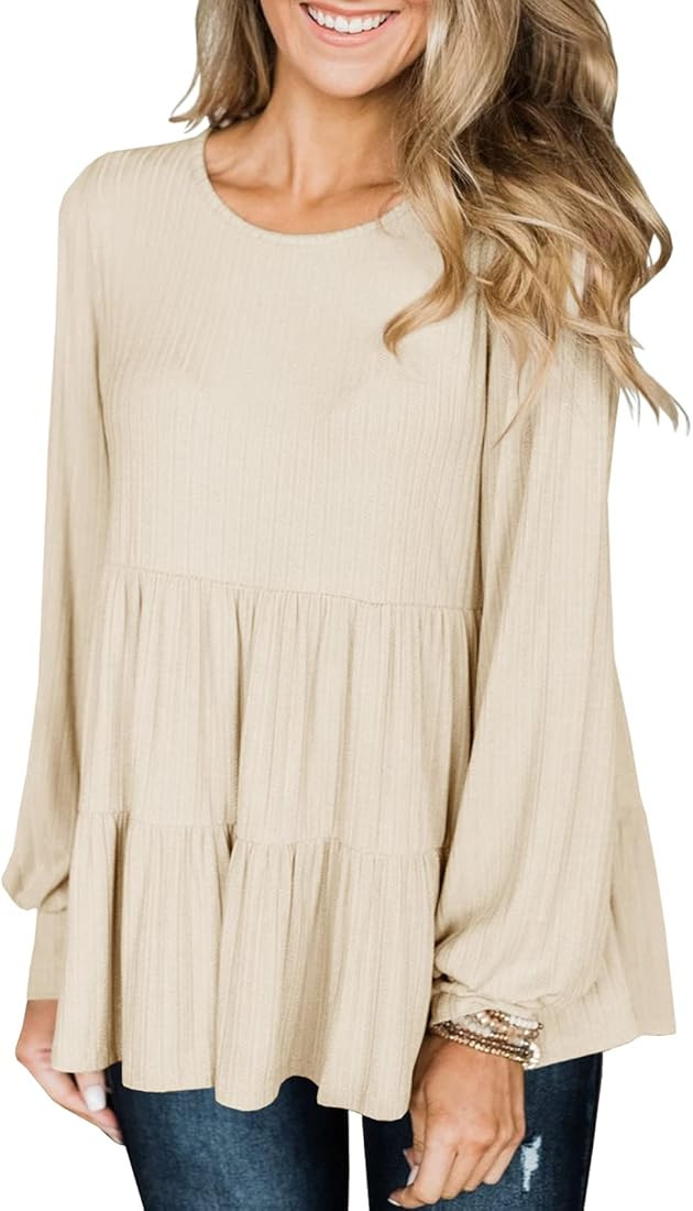 Modershe Womens Long Sleeve Tunic Babydoll Knit Tops Peplum Ruffle Hem Blouse Loose Casual Shirt ... | Amazon (US)