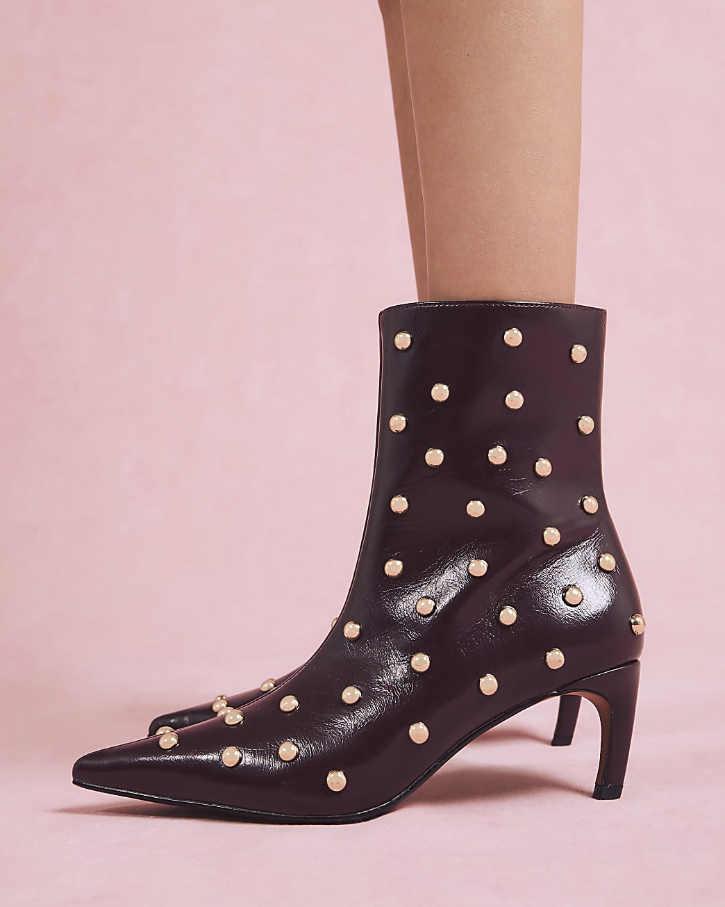 Red Studded Kitten Heel Boots | River Island UK & IE