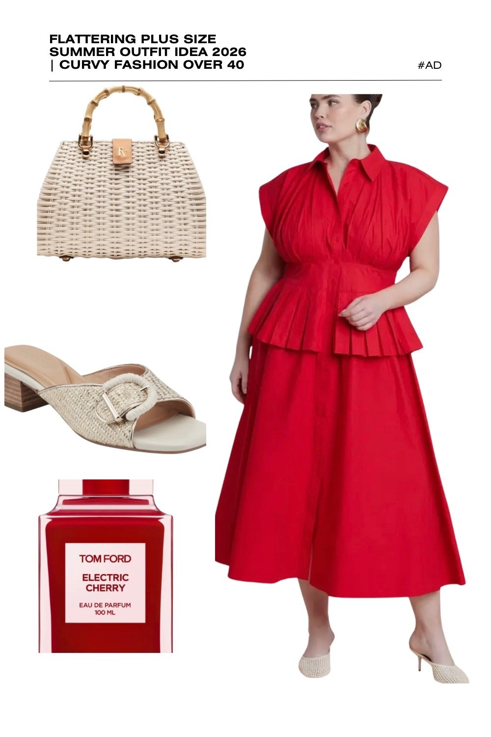 Make a sophisticated statement with this bold red plus size summer outfit idea for 2026! This flattering peplum shirt dress is a premier choice for curvy fashion over 40, featuring a structured pleated bodice, a crisp collared neckline, and a waist-defining peplum detail that creates a stunning hourglass silhouette. It is the perfect blend of professional and playful for a summer work outfit, garden party, or upscale brunch.
We’ve styled this vibrant red midi dress with a white wicker bamboo handle satchel and elegant woven metallic buckle slides to add a touch of refined texture. The look is completed with the bold, viral scent of Tom Ford Electric Cherry. Discover how to style structured summer dresses for curvy figures this season. #PlusSizeFashion #RedShirtDress #PeplumDress #SummerOutfits2026 #CurvyStyle #TomFordElectricCherry #BusinessCasual