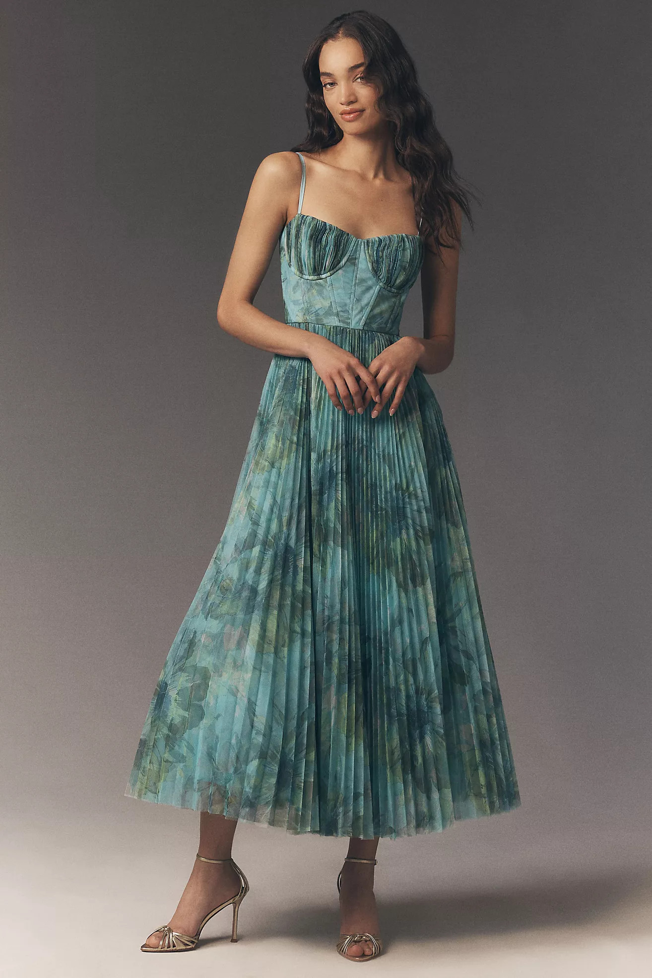Hutch Amara Corset Pleated Tulle Fit & Flare Midi Dress | Anthropologie (US)