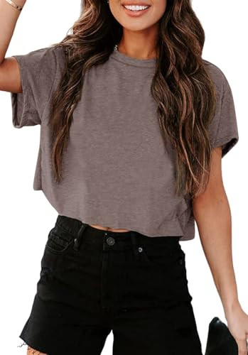 Tankaneo Women Short Sleeve Cropped T-Shirts Crew Neck Loose Crop Tops Summer Casual Drop Shoulde... | Amazon (US)