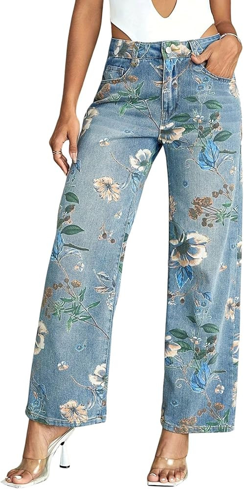 CHOUYATOU Women's Vintage Floral Printed Barrel Jeans Y2k Boyfriend Wide Leg Denim Pants with Poc... | Amazon (US)