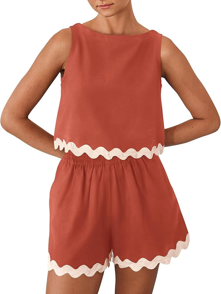 BTFBM Women Two Piece Beach Vacation Outfits Summer Casual 2 Piece Lounge Set Cropped Tank Top El... | Amazon (US)