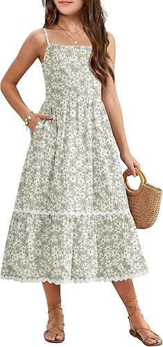 Arshiner Girls Summer Spaghetti Strap Dresses Flowy Tiered Cami Maxi Sundress with Pockets | Amazon (US)